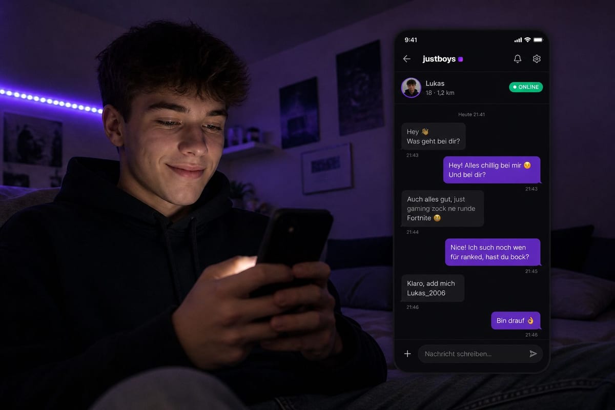 Junger Typ chillt am Bett mit dem Phone und scrollt durch einen justboys-DM-Chat - Vorschau der Android-App.